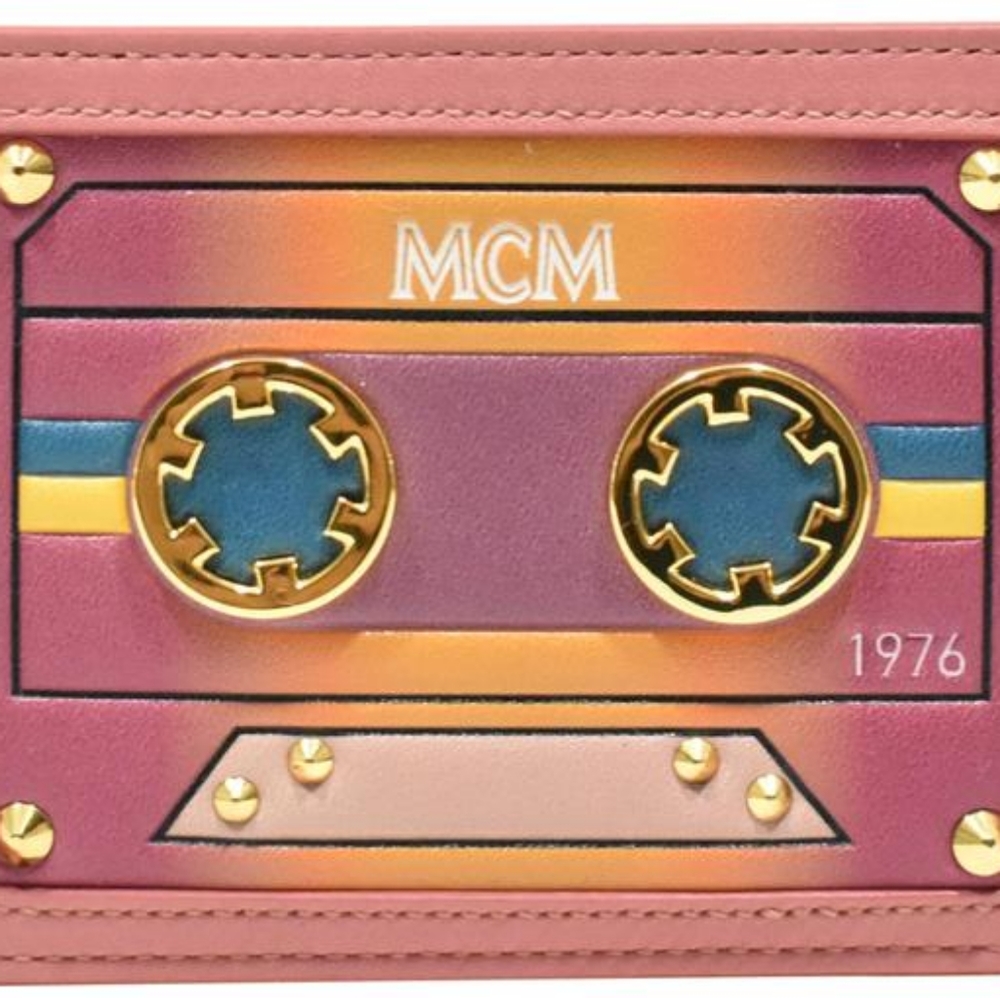 Brand New MCM cowhide leather card case in cassette tape silhouette.